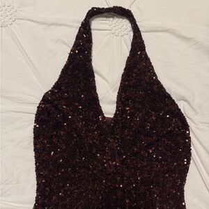 Zara Sequin Halter V-Neck Dress - Dark Brown